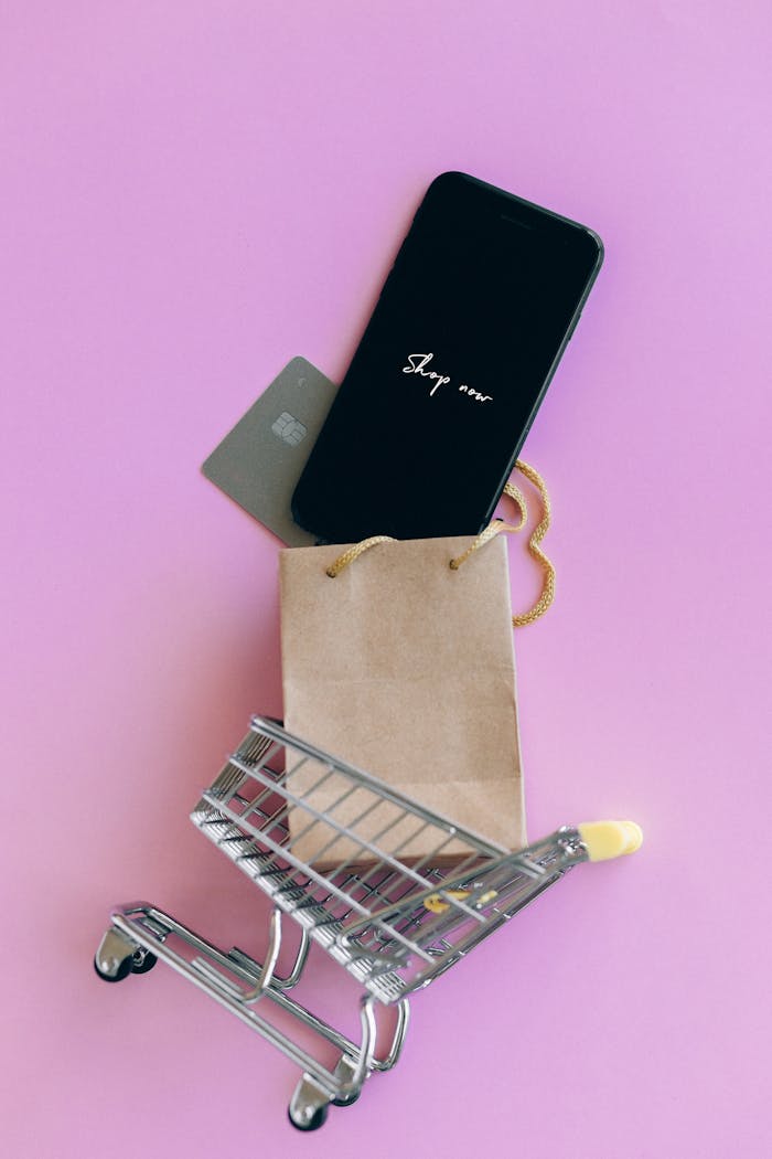A smartphone, credit card, and bag in a miniature shopping cart on a pink background.